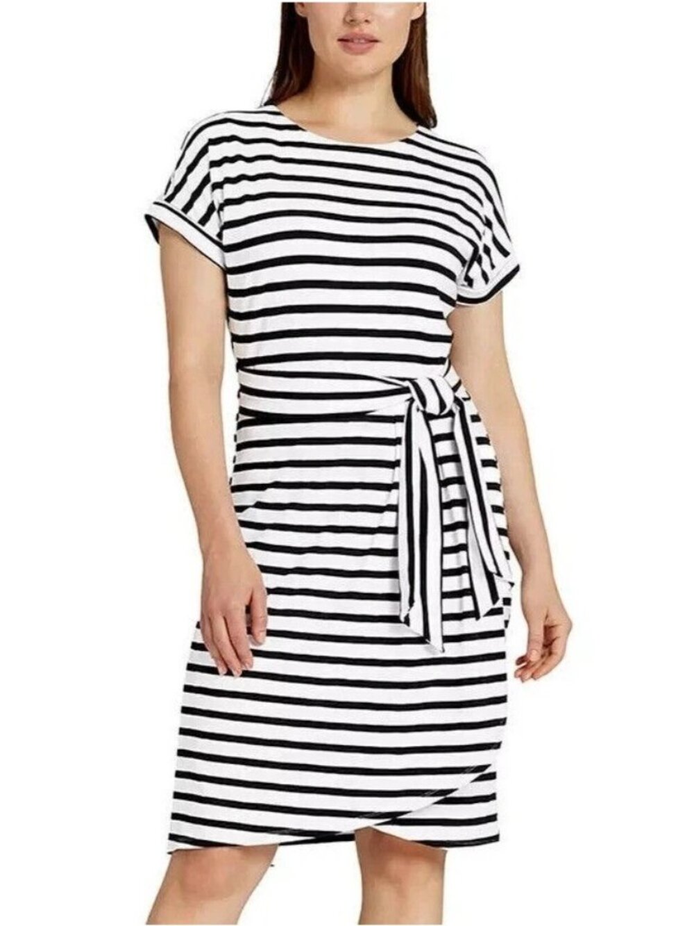 NWT Chaps Striped Knee Dress Women’s M Belted Short Sleeve Faux Wrap